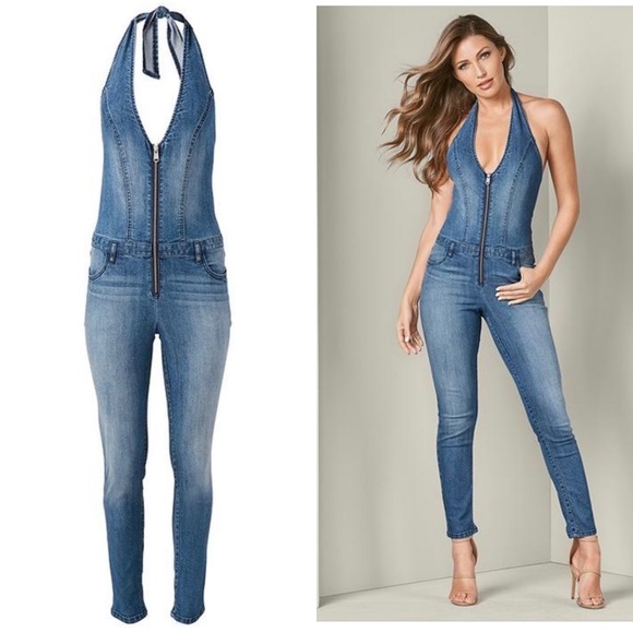 VENUS Pants - Denim halter jumpsuit